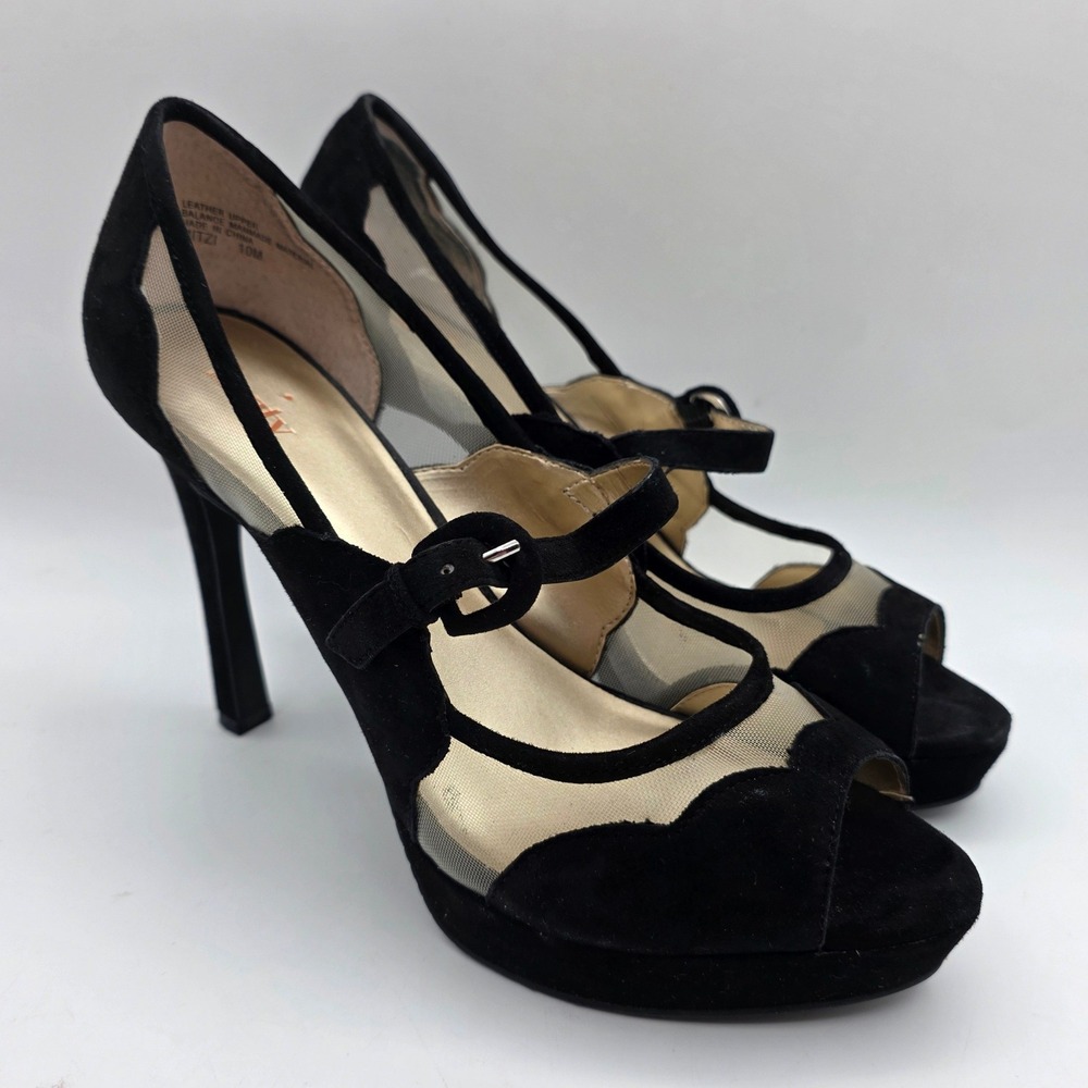 Levity Mitzi Black Suede Mesh Peep Toe Platform Mary Jane Heels Women's 10M